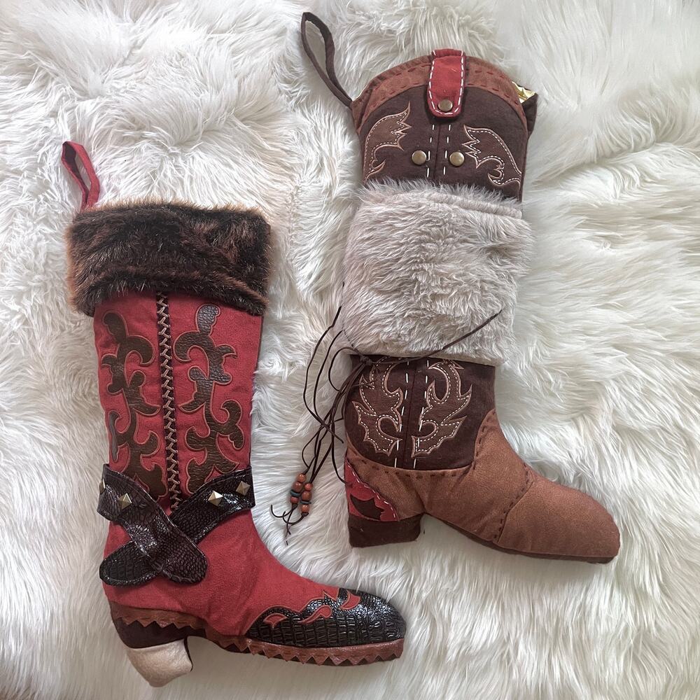 Lot of 2 Tractor Supply Plush Cowboy Boot Christmas Stockings Western Rodeo
